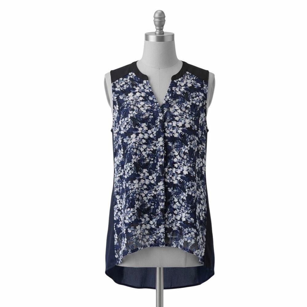Simply Vera Vera Wang Floral Tank Blouse Medium Navy Blue Sleeveless Top